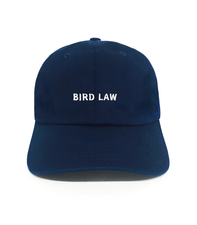 Bird Law Dad Hat – Navy blue embroidered 6-panel cotton dad hat with white “BIRD LAW” text. Funny gift for dads and golf lovers.
