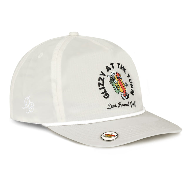 Glizzy at the Turn Rope Hat – nylon fabric dad hat with rope detail, hot dog golf design, magnetic brim with ball marker, comfortable gift for dads