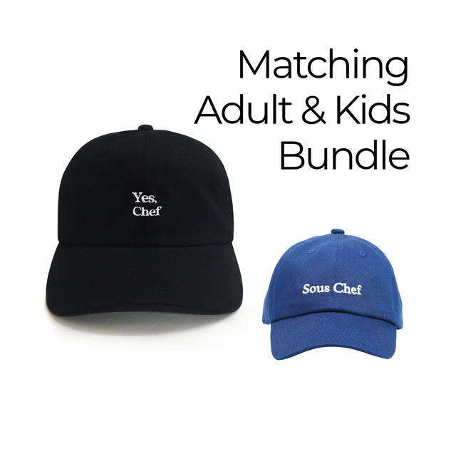 Matching Yes, Chef dad hat and Sous Chef kids hat bundle for families who love cooking and playful kitchen-inspired style.