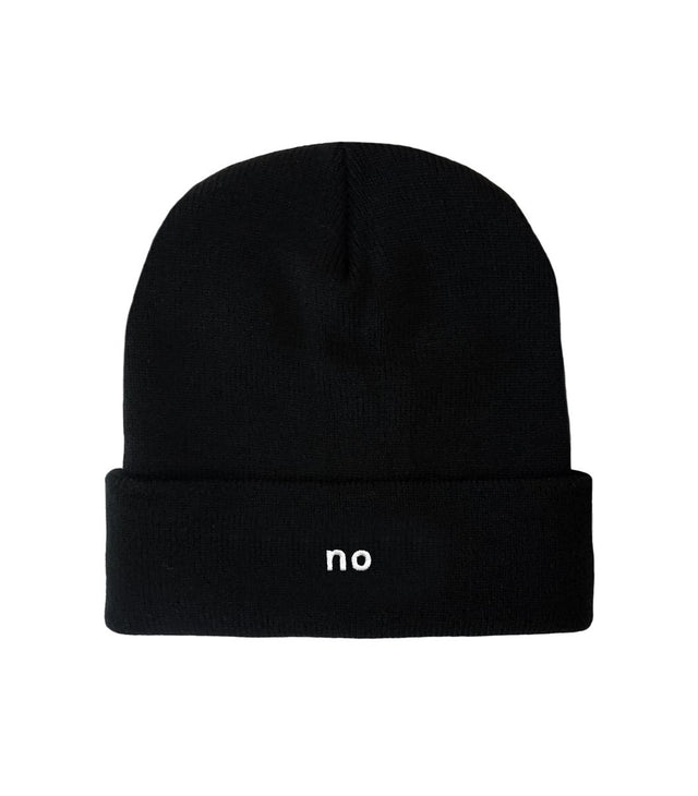 No Beanie – Black embroidered beanie hat with minimalist “no” text. Funny dad hat & best gift for dads who love dad jokes.