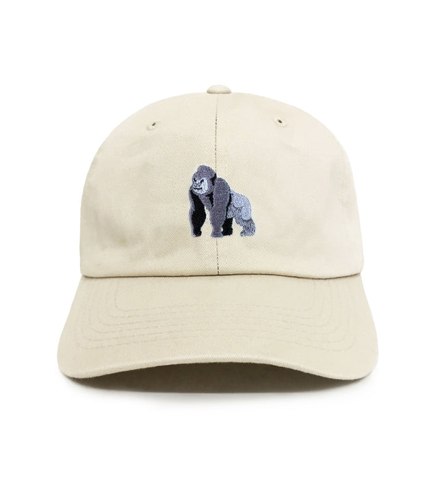 Beige cap with a gorilla logo on a white background