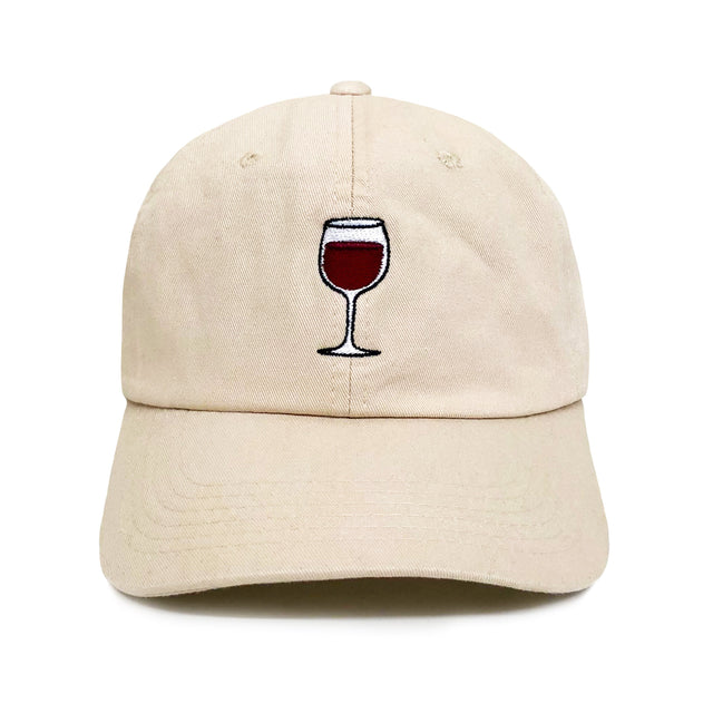 Wine Dad Hat – sand-tan 6-panel embroidered dad hat with red wine glass design, adjustable strap, funny gift for dads and wine lovers