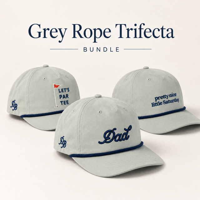 Gray and navy Dad rope hat, Let's Par Tee golf rope hat, and Pretty Nice Little Saturday rope hat bundle