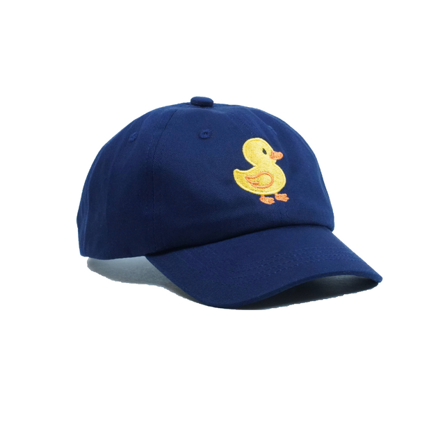 Blue cap with a yellow duck design on a white background
