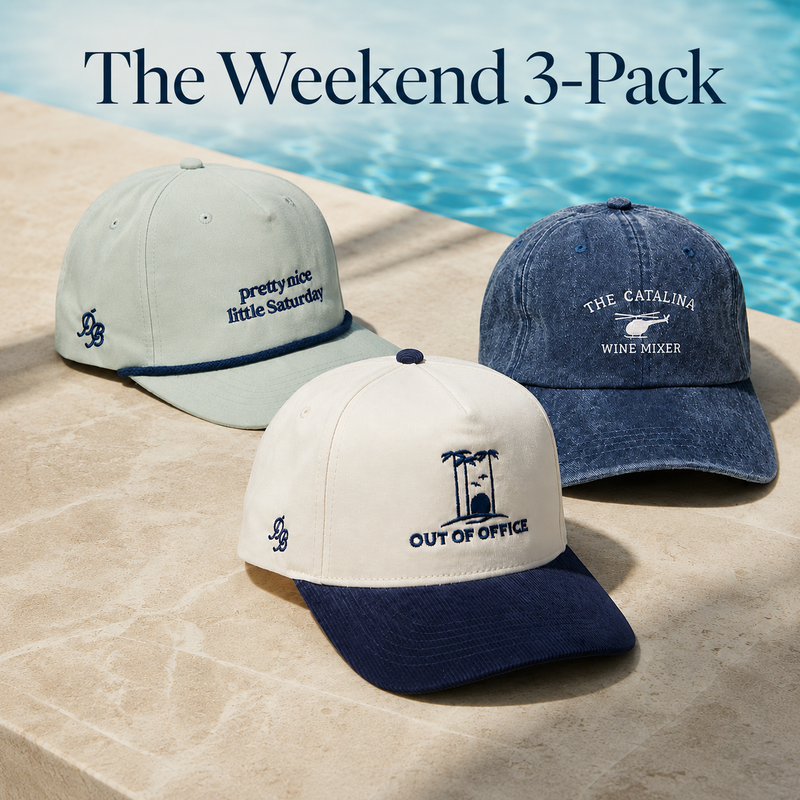 Three baseball caps with text on a poolside background, labeled 'The Weekend 3-Pack'.