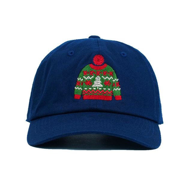 Ugly Sweater Hat embroidered Christmas sweater design on navy blue dad hat from Dad Brand
